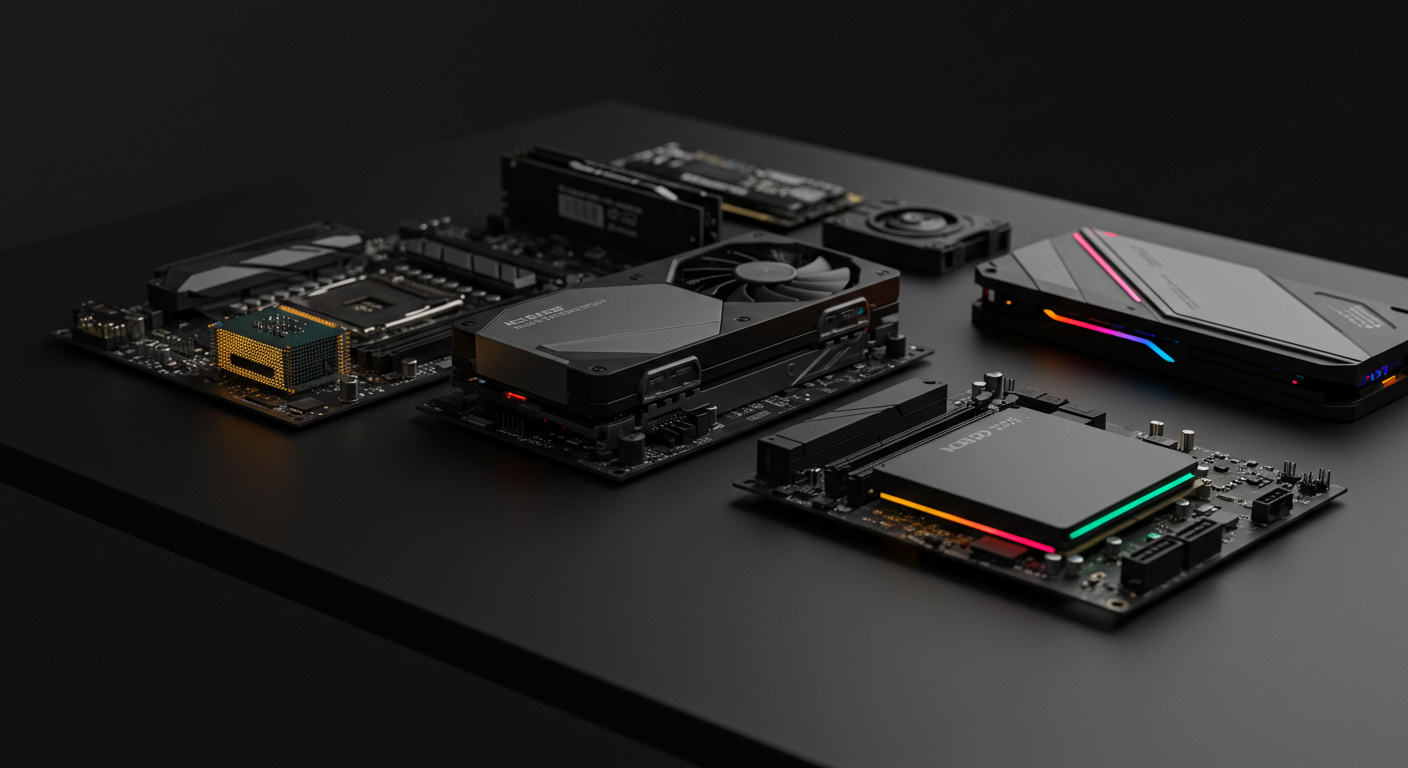 Modern gaming PC components like a CPU and graphics card laid out for assembly on a clean workbench, highlighting the DIY PC building process at RGB Nest.