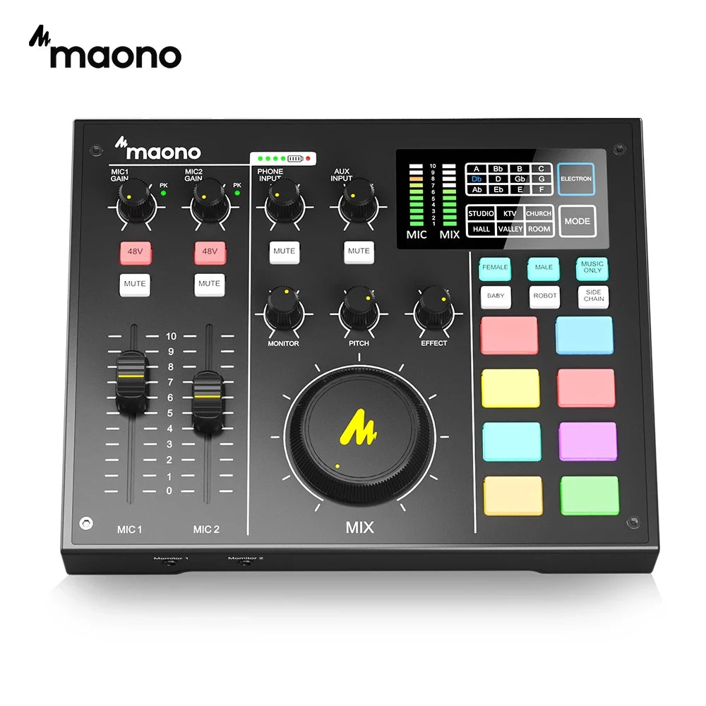 Maono audio mixer controller with various controls and buttons on a white background