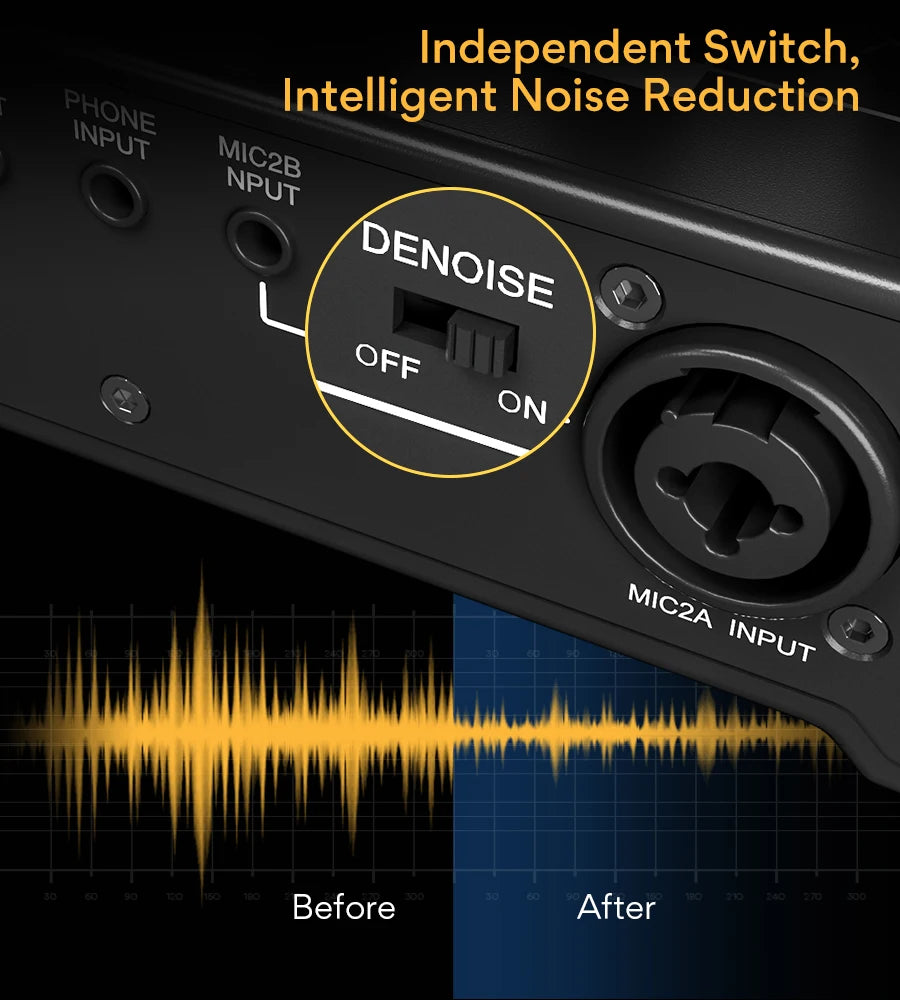 Audio interface with denoise switch and sound wave comparison before and after.