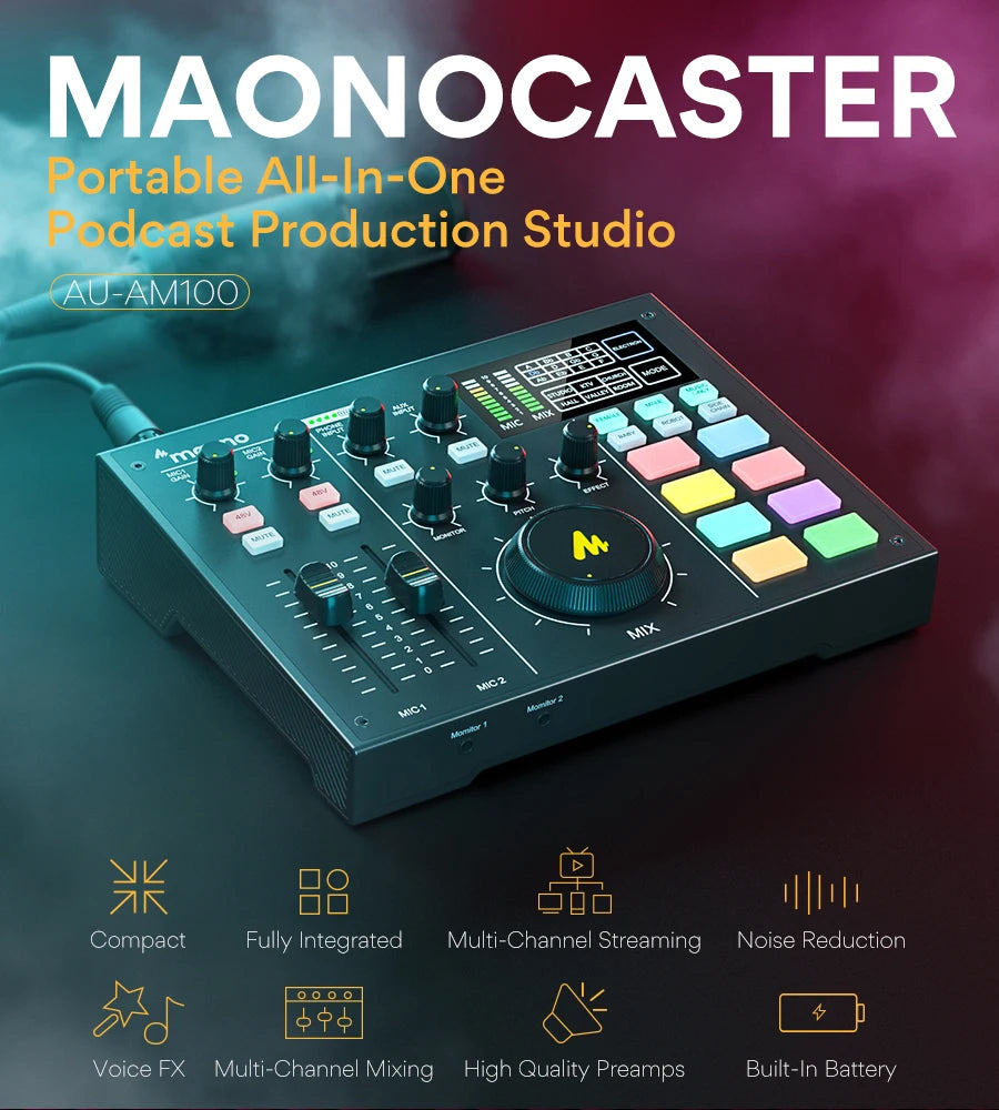 MAONOCASTER portable all-in-one podcast production studio with features listed below.