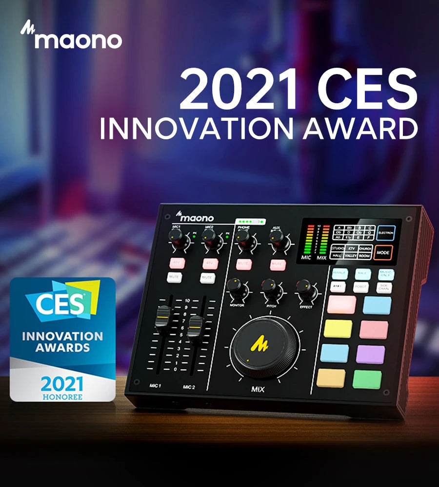 Maono audio control panel with 2021 CES Innovation Award text and logo on a blurred background