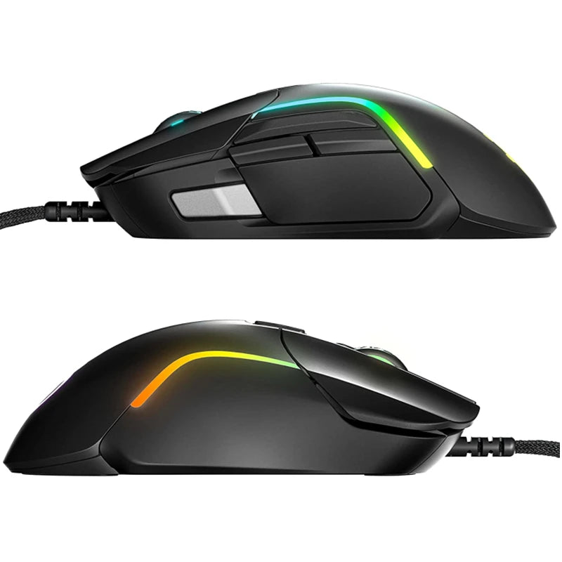 Two gaming mice with RGB lighting on a white background