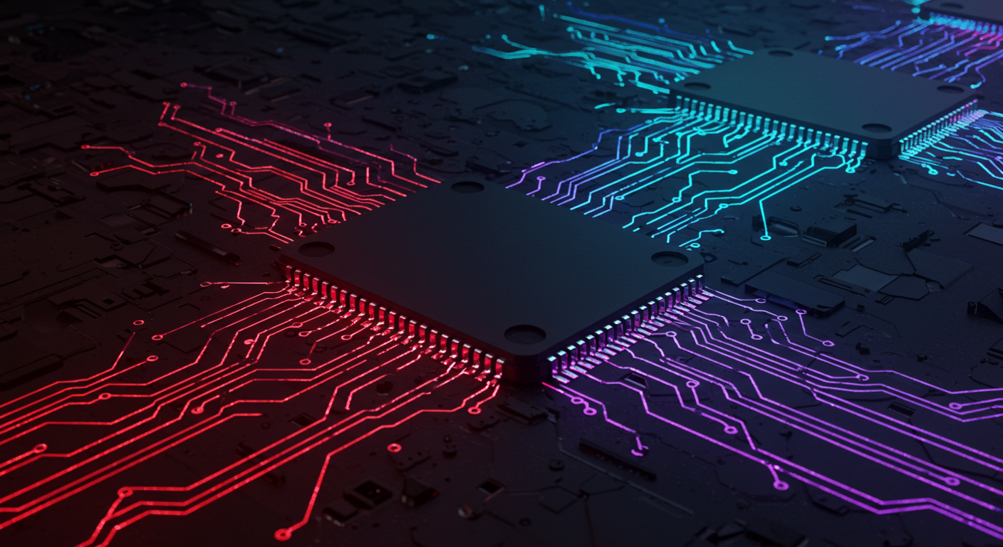 Close-up of a circuit board with red and purple lighting effects