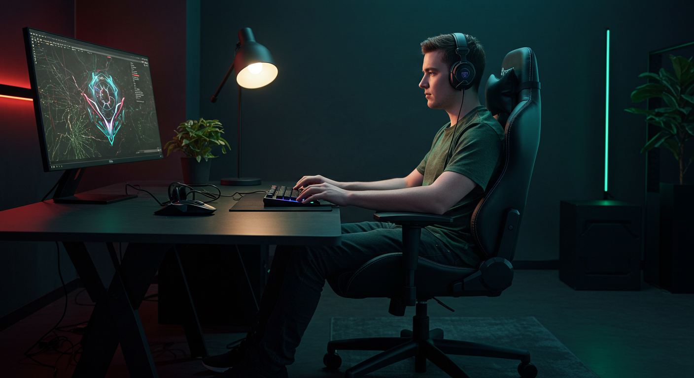 Person sitting at a desk with a computer setup in a dark room