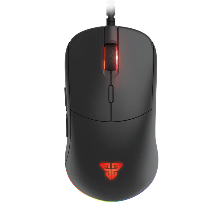 Black gaming mouse with red logo on a white background