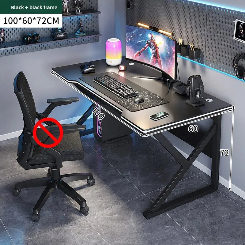 Gaming desk with chair in a room setup, showing dimensions.