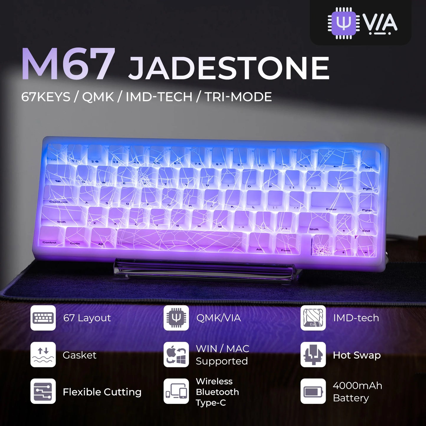M67 Jadestone keyboard with features listed on a dark background