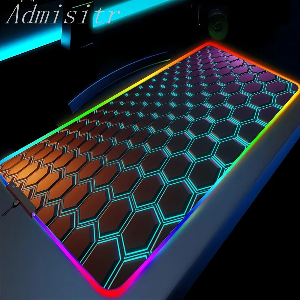 Hexagonal patterned mouse pad with colorful lighting effects on a dark background