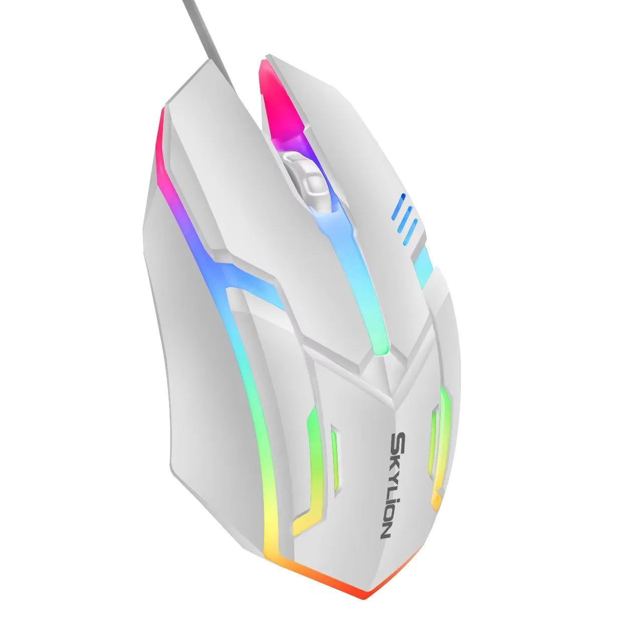 Gaming mouse with colorful LED lighting on a white background