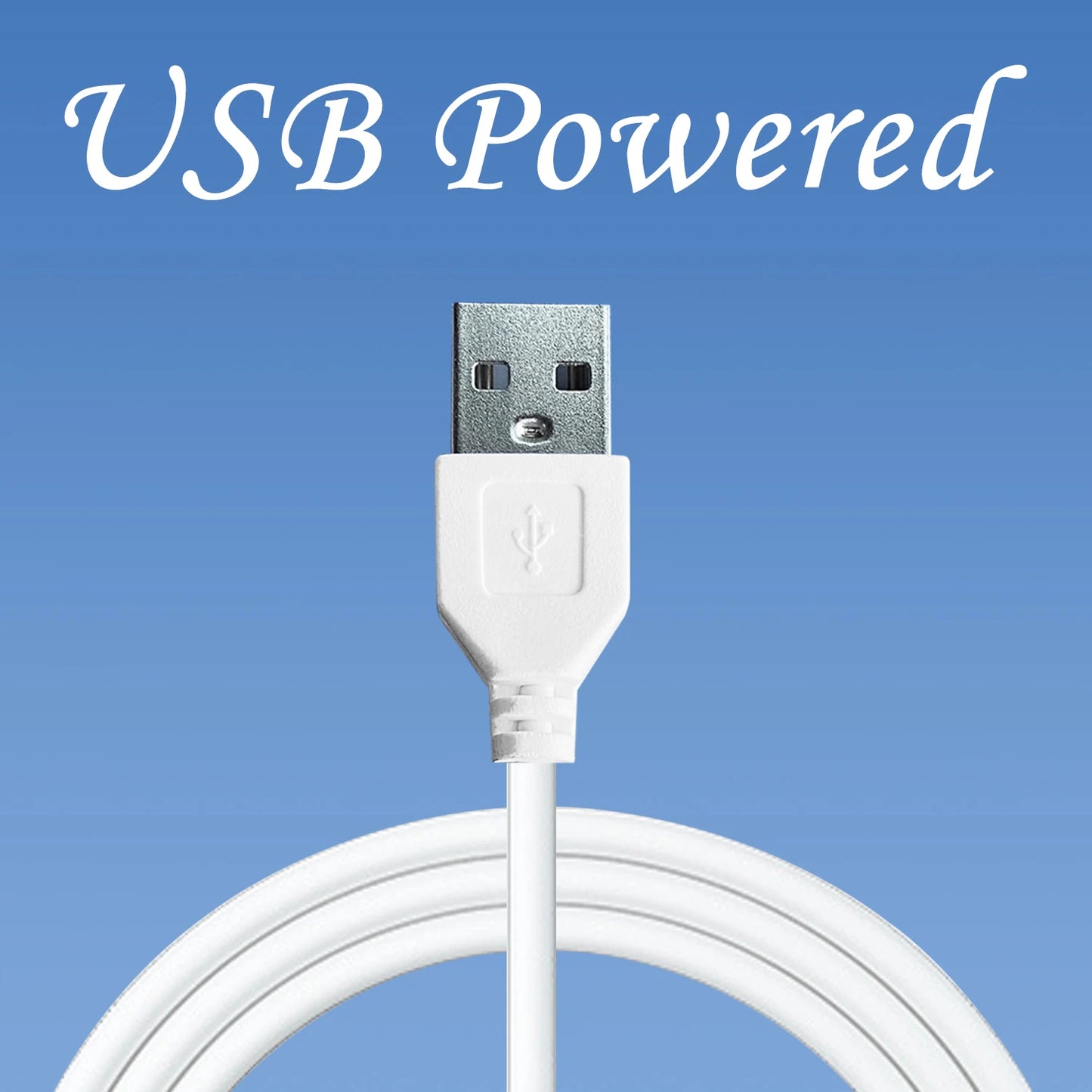 White USB cable with connectors on a blue background with 'USB Powered' text.