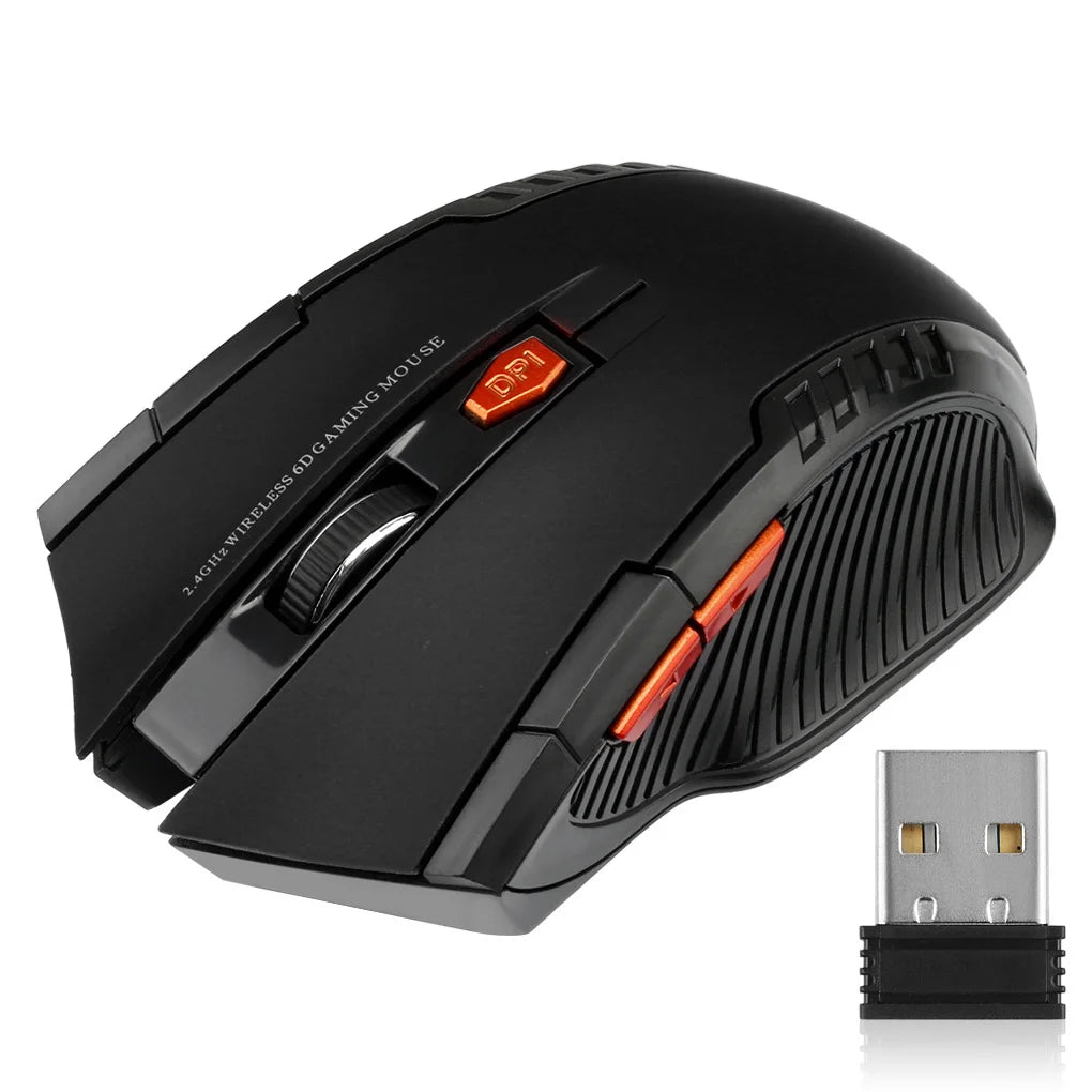 Black gaming mouse with USB receiver on a white background
