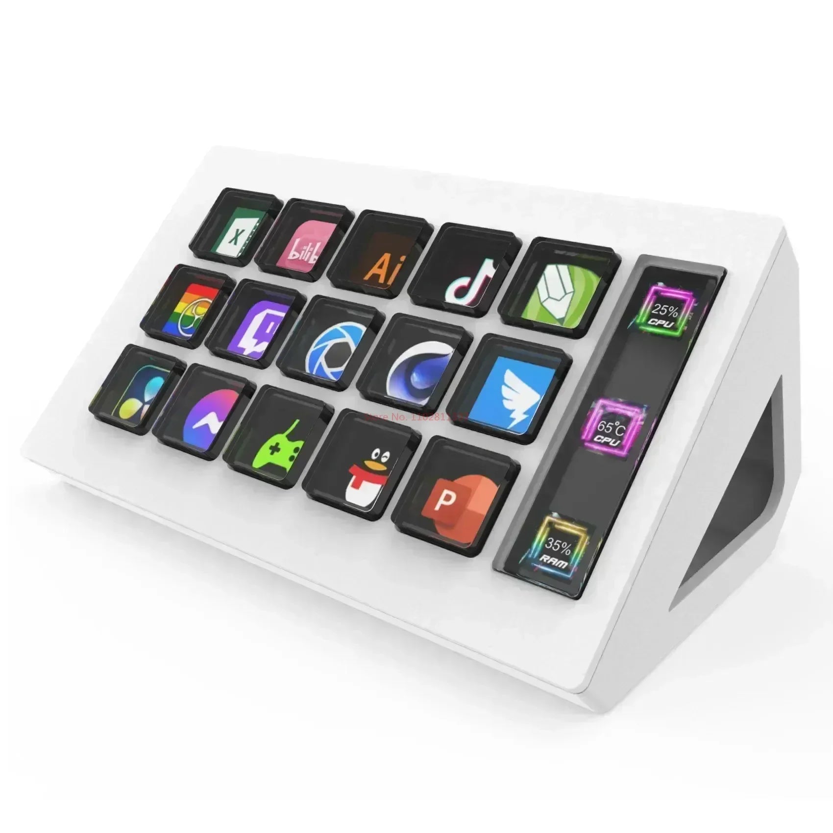 Key-like device with app icons on a white background