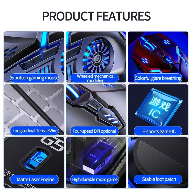Product features of a gaming mouse with text labels on a white background
