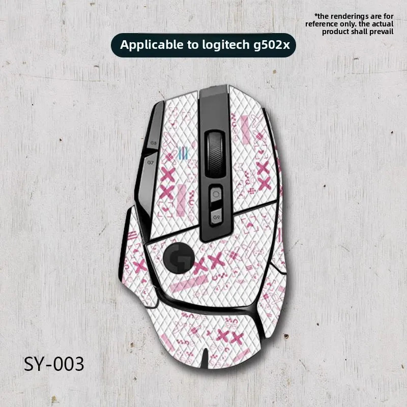 White gaming mouse with pink patterns on a light gray background