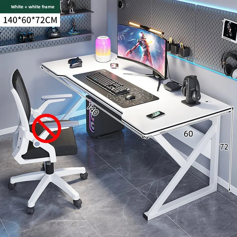Gaming desk setup with computer monitor, keyboard, mouse, and RGB lighting in a modern room.