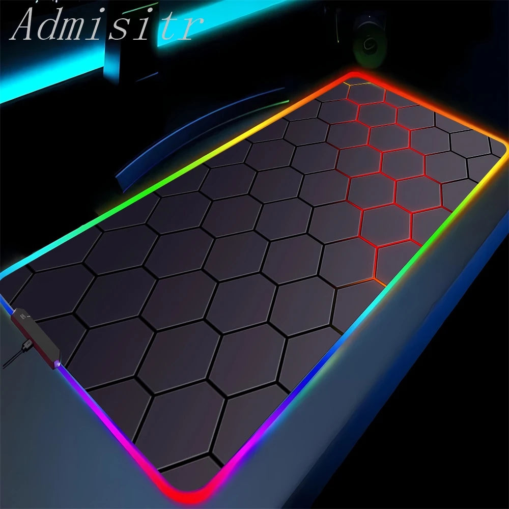 Hexagonal patterned mouse pad with colorful lighting on a dark background