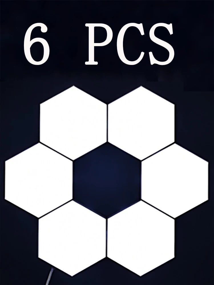 White hexagonal light panels arranged in a pattern with '6 PCS' text on a dark background.