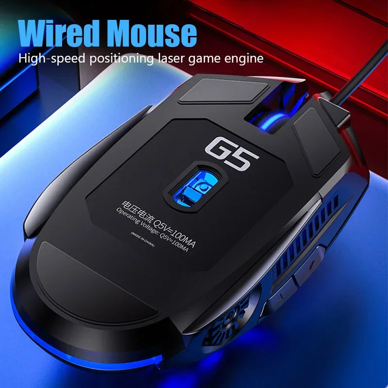 Black gaming mouse with 'G5' branding on a blue and red gradient background
