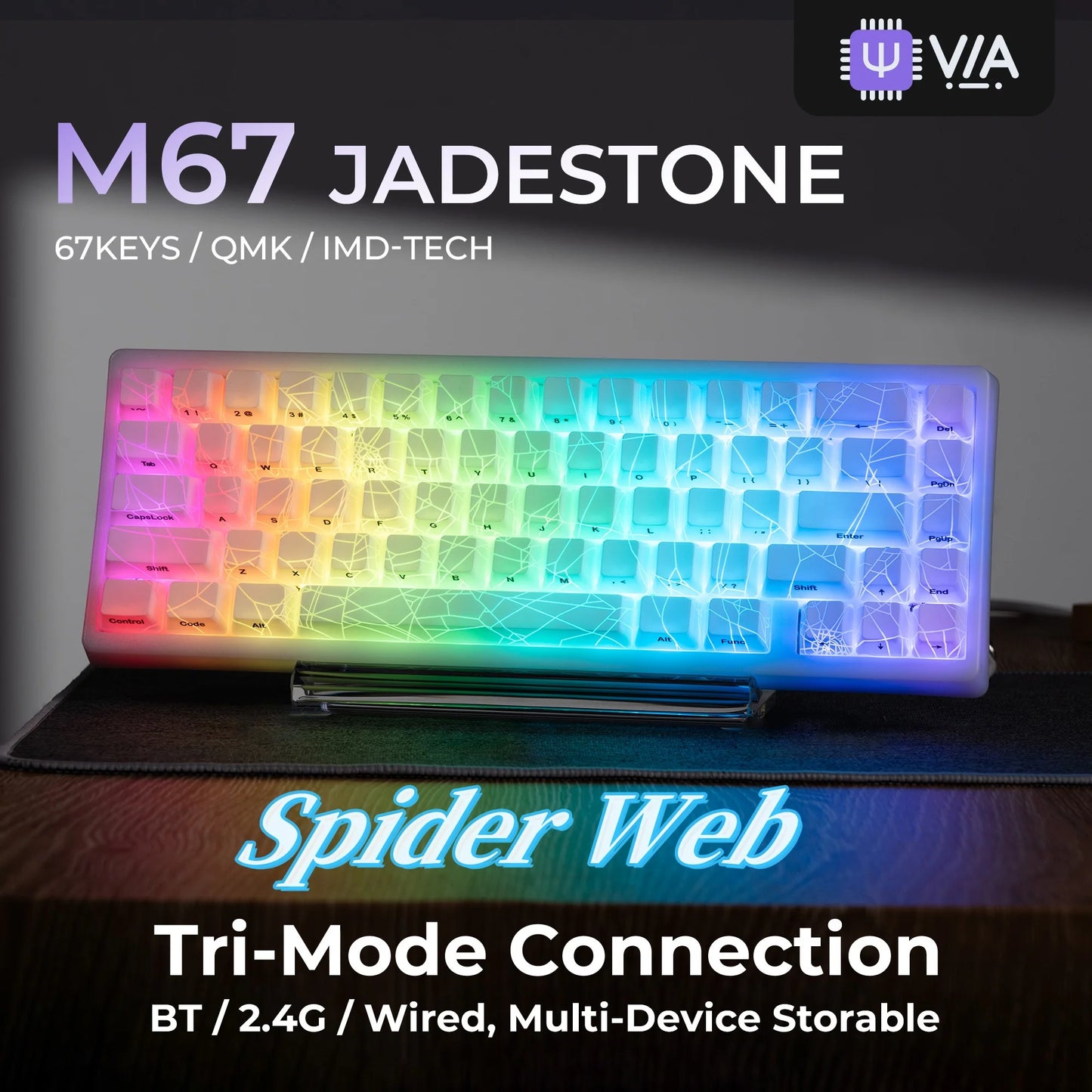 RGB keyboard with 'Spider Web' design on a dark background, featuring VIA branding.