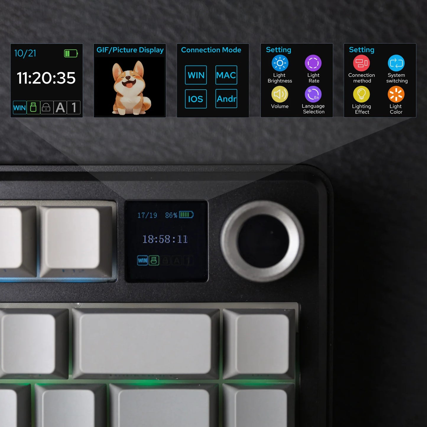 Keyboard with digital display and control buttons on a dark background