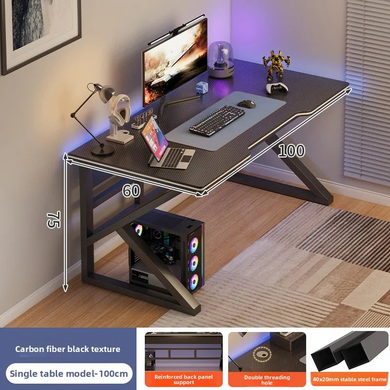 Modern gaming desk with computer setup in a room, showing dimensions and features.