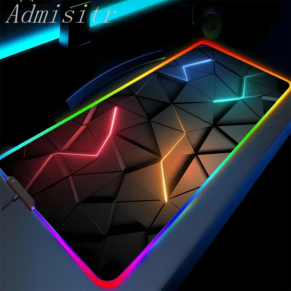 Geometric design with colorful neon lights on a dark background, featuring the brand 'Admisitr'.