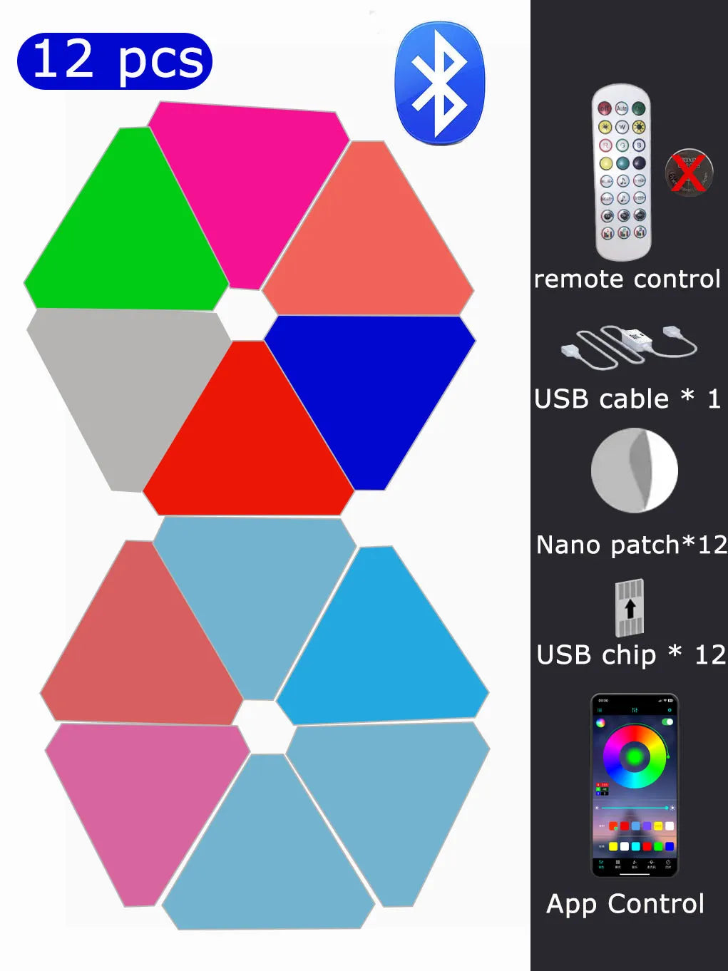 Colorful geometric light panels with Bluetooth and remote control icons on a white background.
