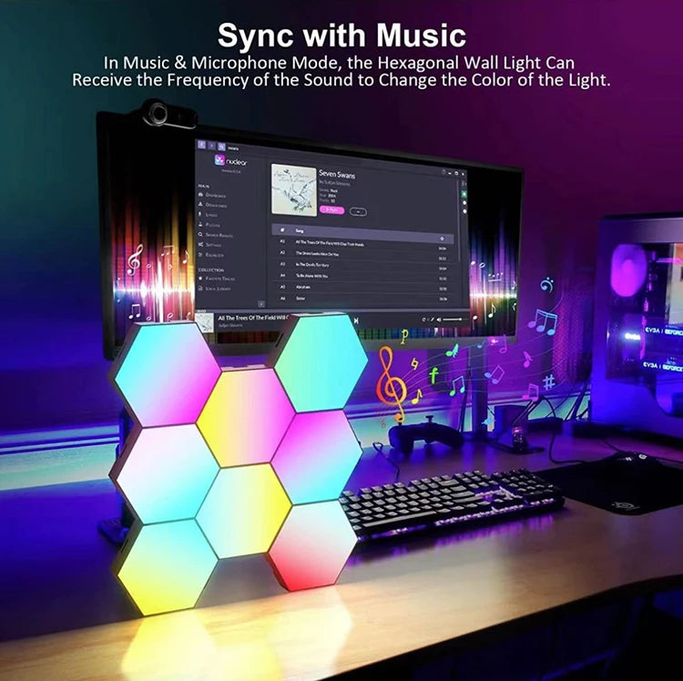 Hexagonal wall light synced with music on a desk setup