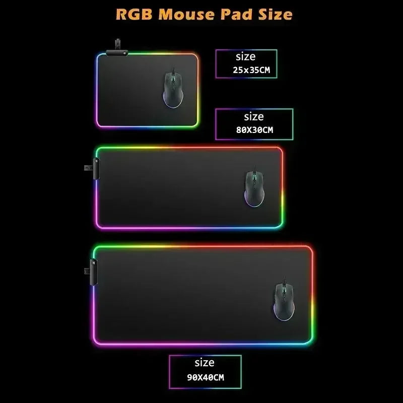 Comparison of RGB mouse pads with their sizes displayed on a black background.