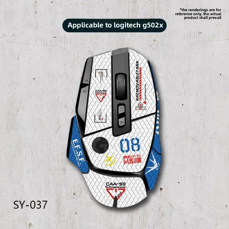 Logitech G502x gaming mouse with custom design on a light gray background