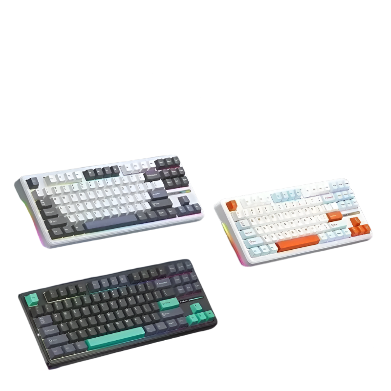 Three customized mechanical keyboards on a dark background with product details.