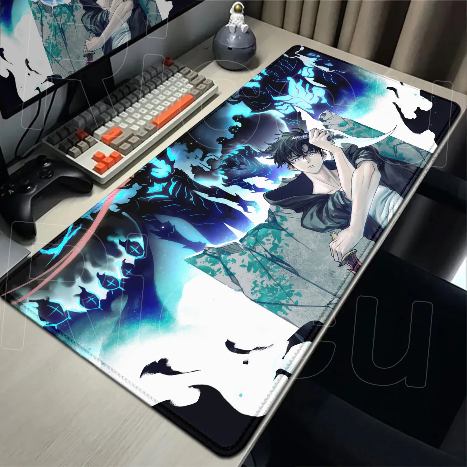 Anime-themed desk setup with a large mouse pad featuring an anime character.