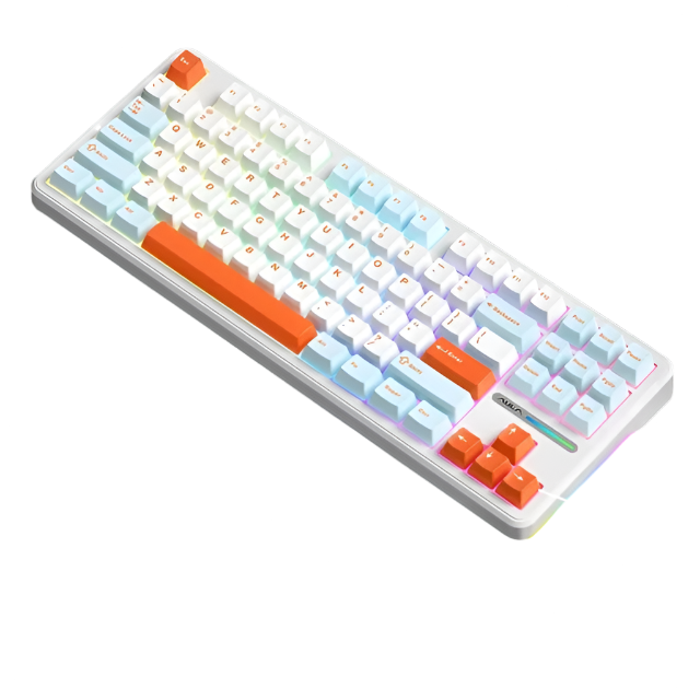 Mechanical keyboard with colorful backlight on a black background, featuring text about connection modes and features.