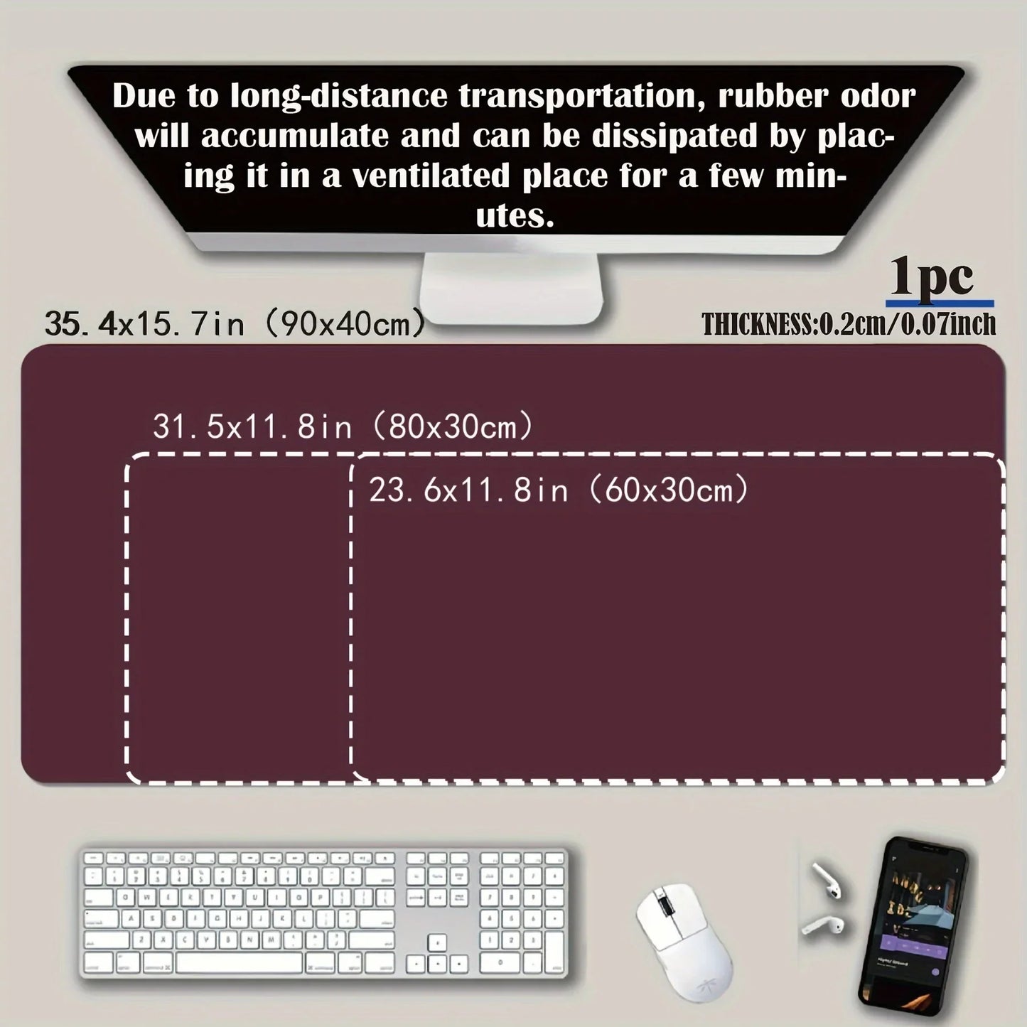 Desk mat with dimensions and product details on a neutral background