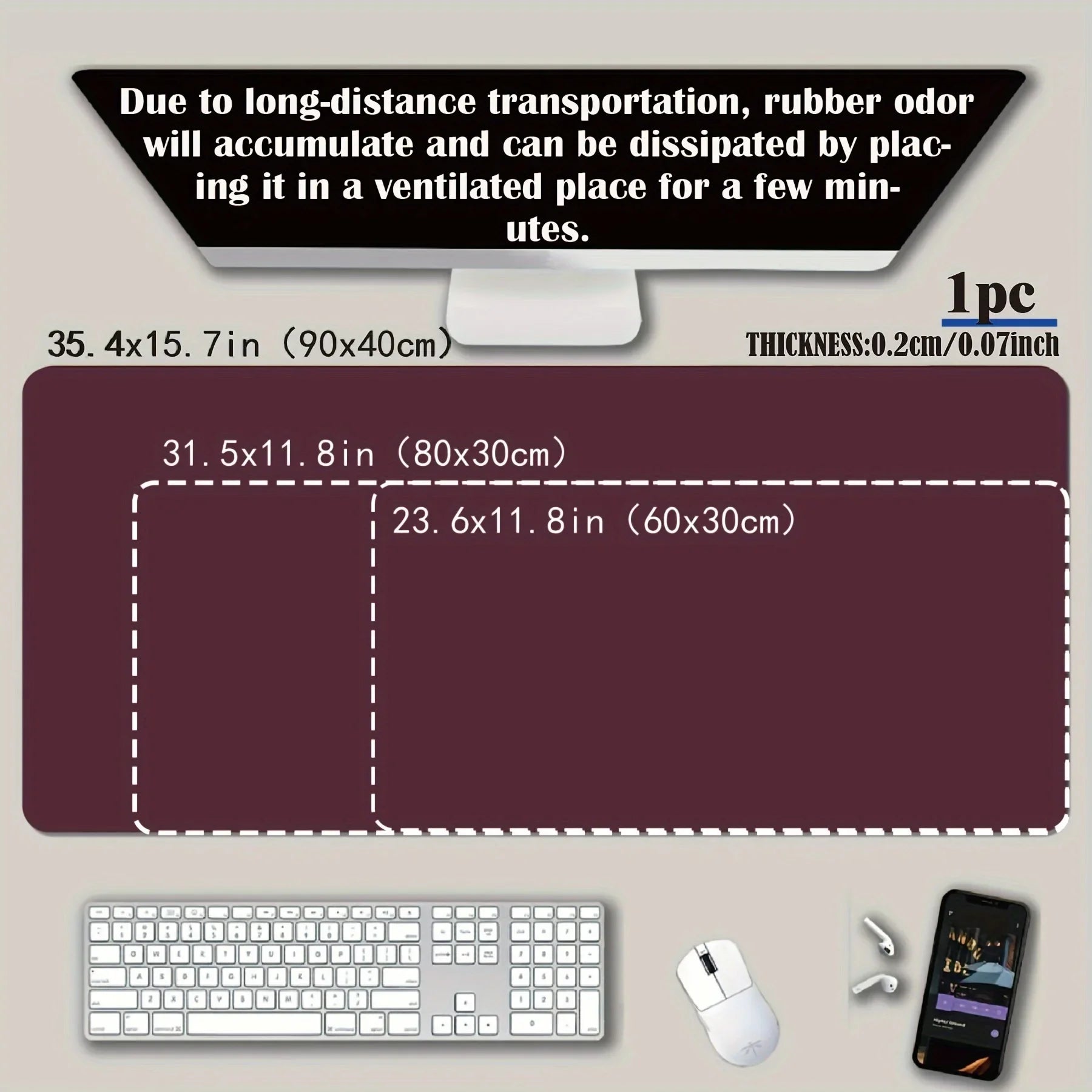 Desk mat with dimensions and product details on a neutral background