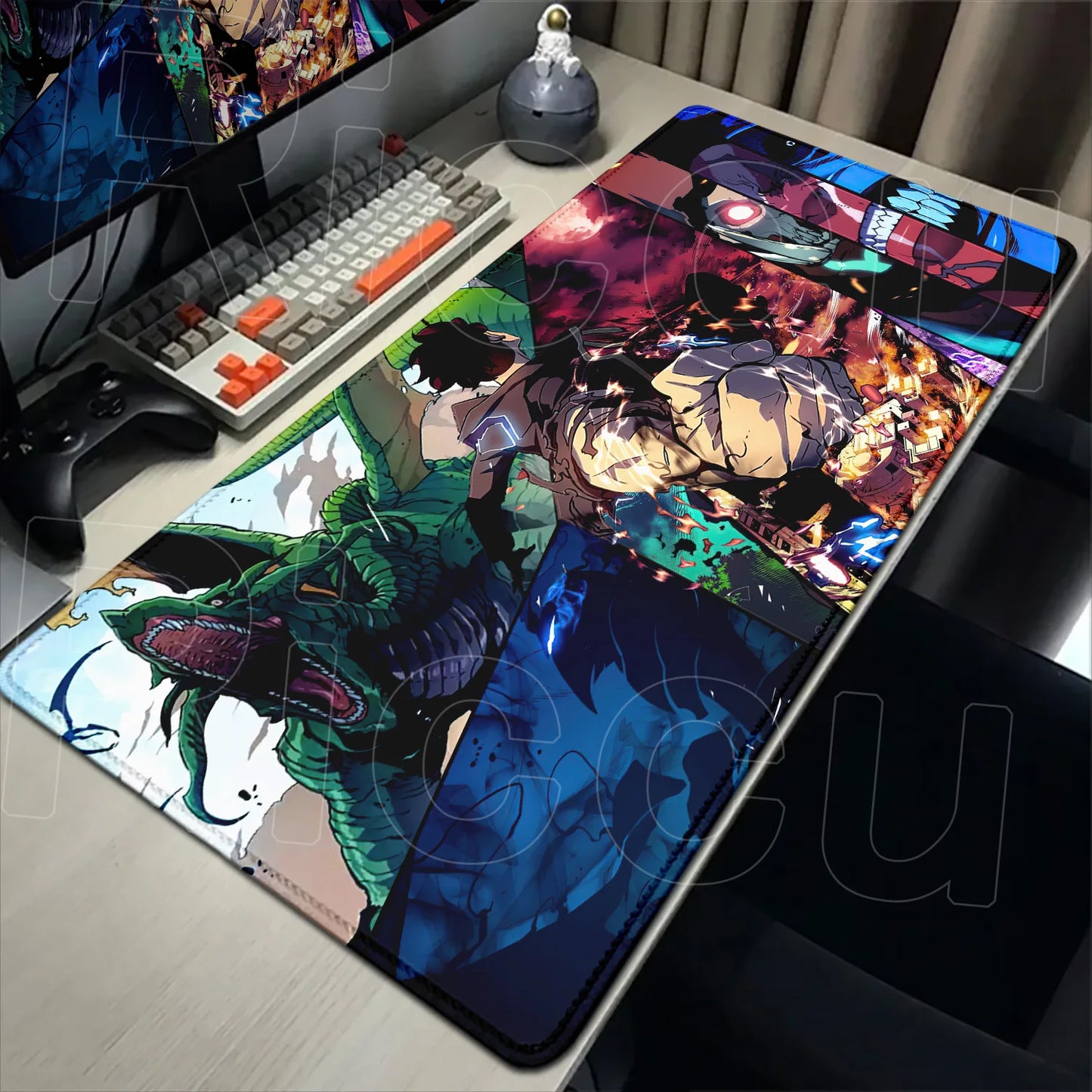 Anime-themed mouse pad on a desk with computer setup