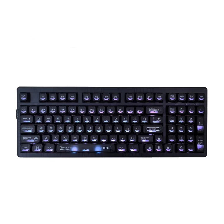 Mechanical keyboard with illuminated keys on a white background