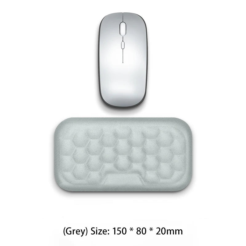 Gray computer mouse and mouse pad on a white background with text indicating 'New Upgrade - One Hand'.