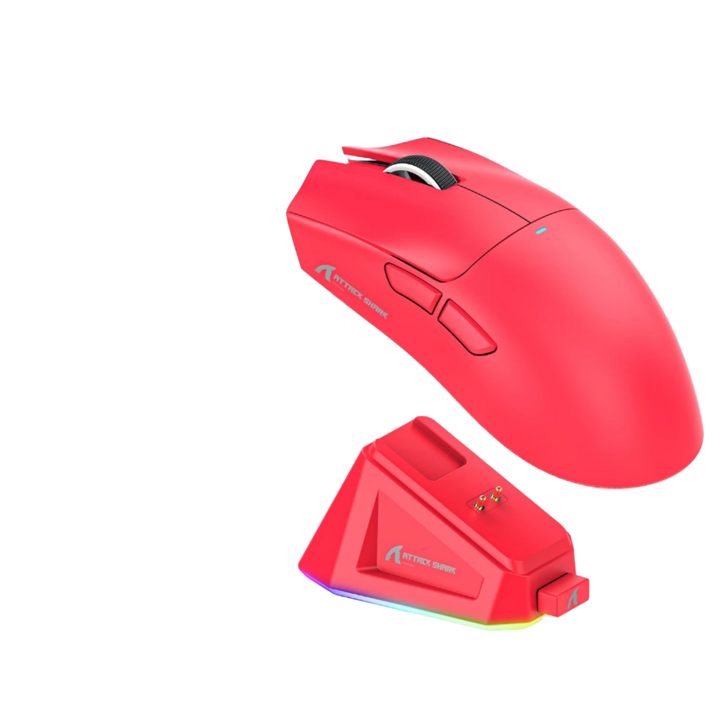 Red gaming mouse with charging dock on a white background, featuring Attack Shark branding.