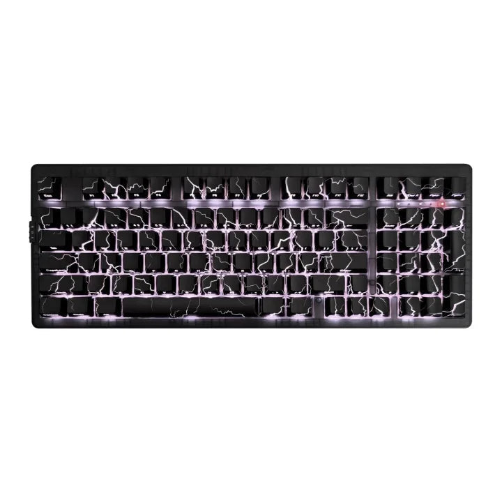 Mechanical keyboard with black and transparent design on a white background