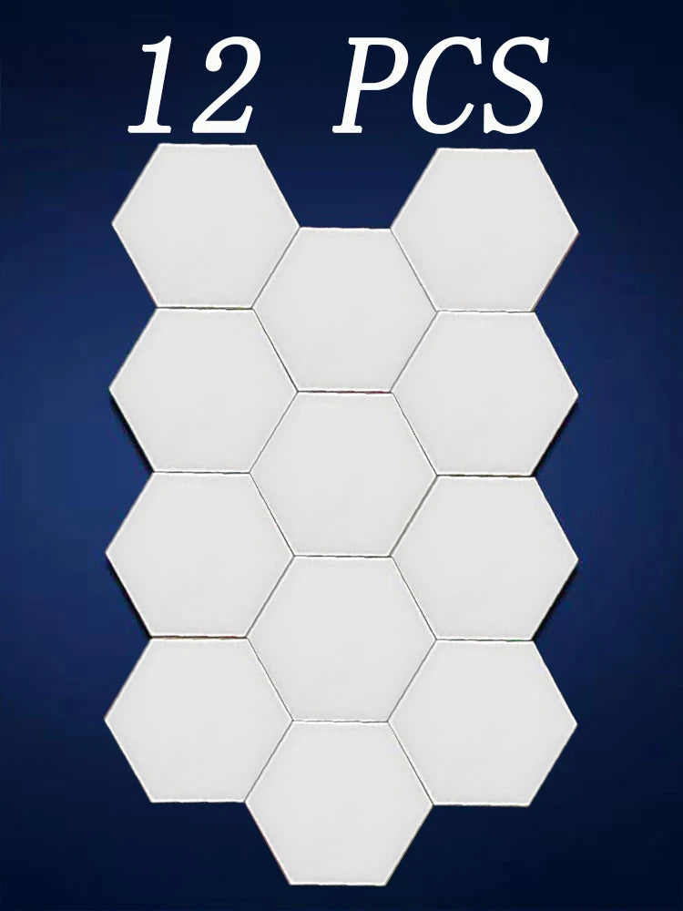 Hexagonal white tiles arranged in a pattern on a dark blue background with '12 PCS' text above.