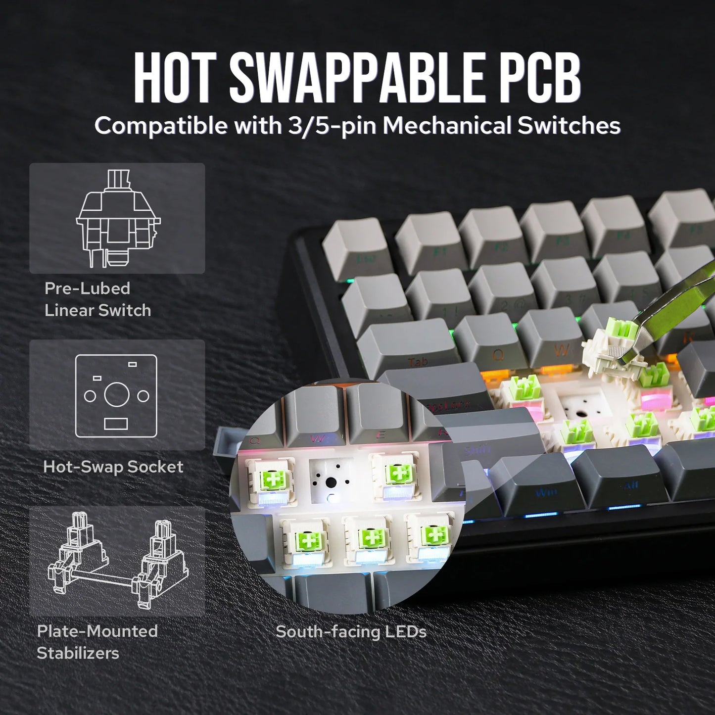 Mechanical keyboard with hot swappable PCB features on a dark background