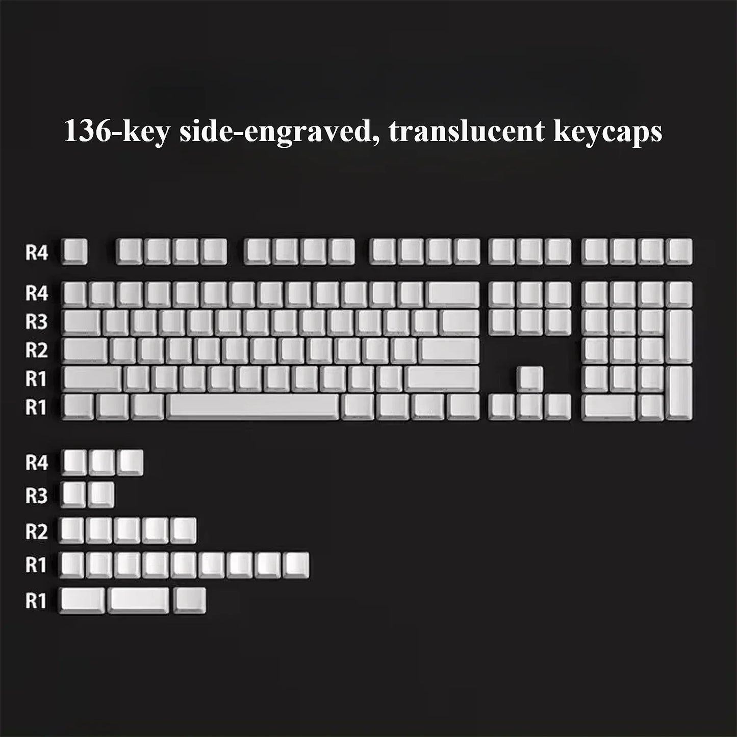 136-key side-engraved, translucent keycaps layout on a black background