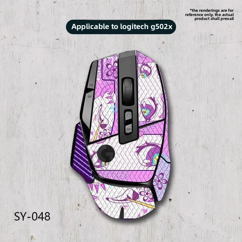 Decorative skin for Logitech G502x mouse on a light gray background
