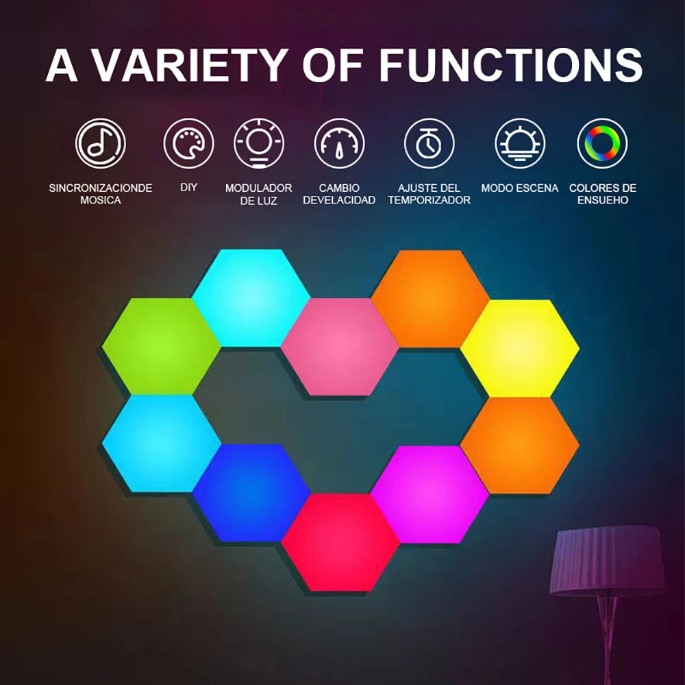 Hexagonal LED lights in various colors with functions listed on a dark background