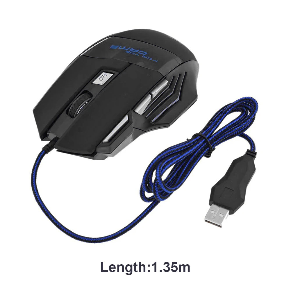 Black gaming mouse with blue cable and USB connector on a white background