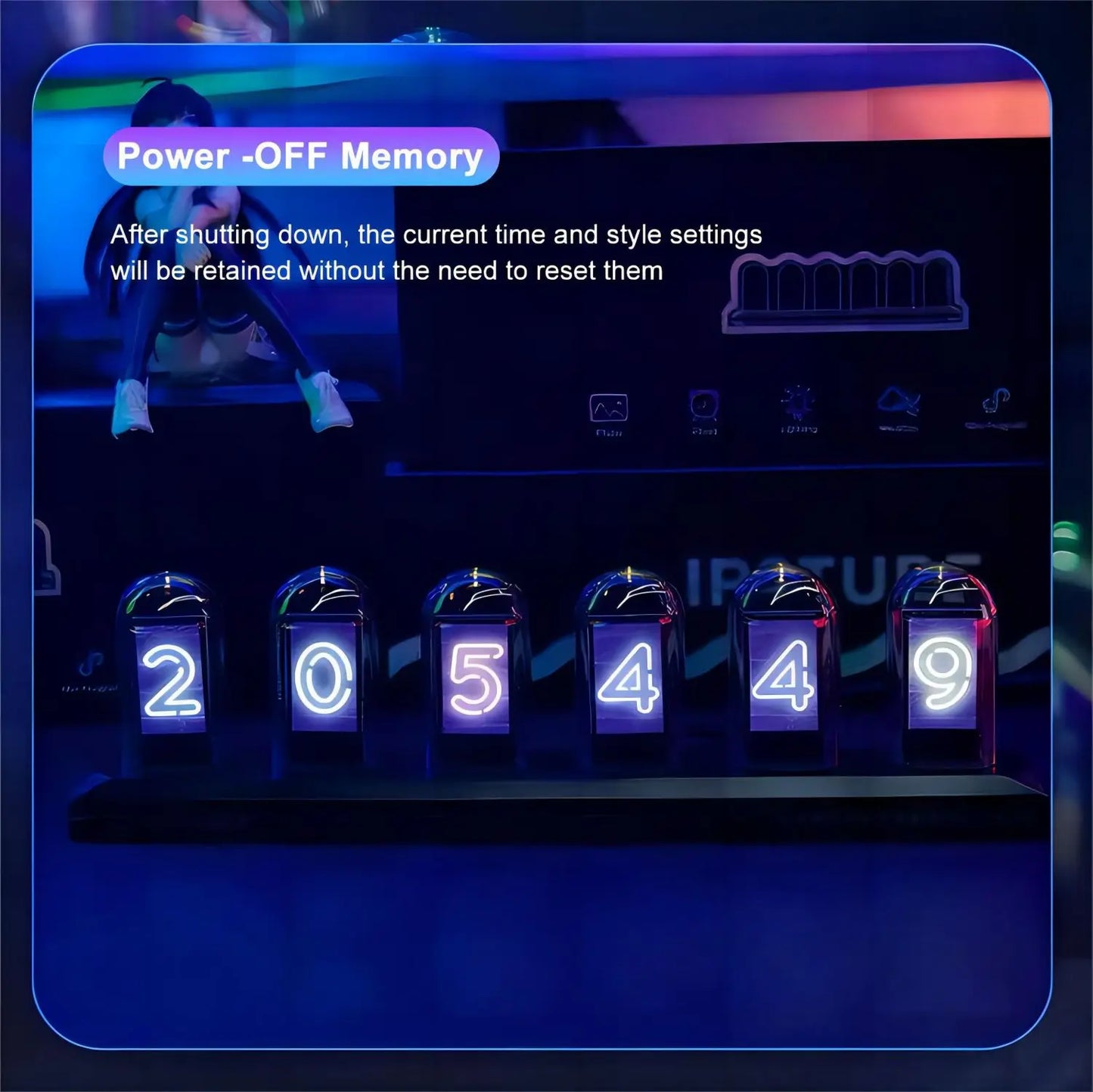 Digital display with numbers and text on a dark background