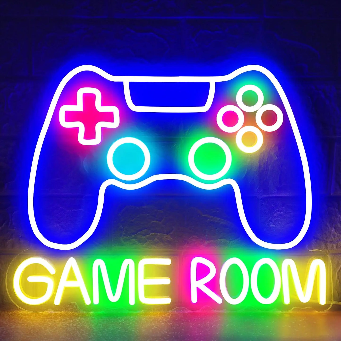 Neon sign shaped like a gaming controller with 'GAME ROOM' text on a dark background