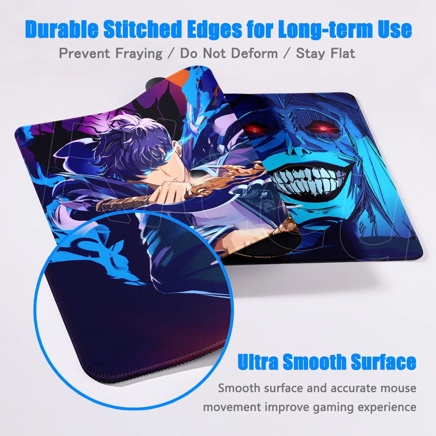 Mouse pad with artistic design featuring a character and skeleton, text about durability and smooth surface.