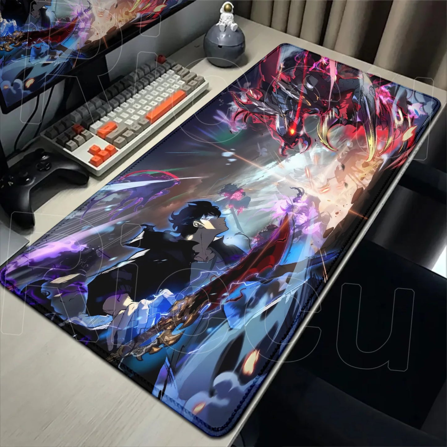 Large desk mat with anime character design on a desk setup.